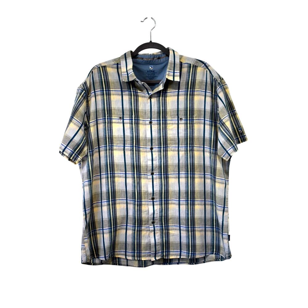 Kuhl Men's Camp Shirt 2XL Linen Blue Plaid Button-Front Lightweight Casual